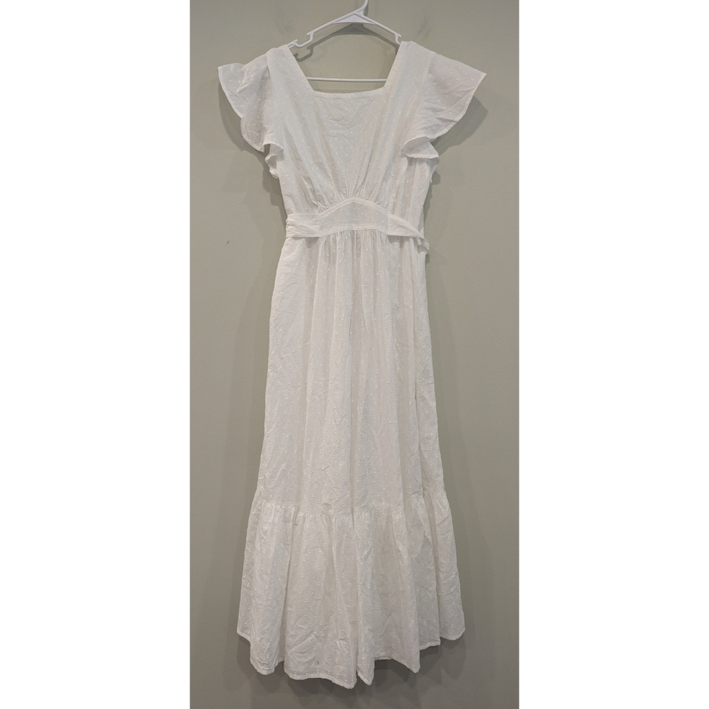 Seraphina London Goa White Swiss Dot Tie Waist Square Back Midi Dress Size Large